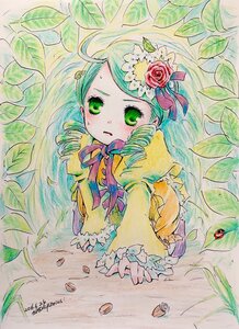 Rating: Safe Score: 0 Tags: 1girl artist_name blush colored_pencil_(medium) dress drill_hair flower green_eyes green_hair kanaria leaf long_sleeves marker_(medium) plant rain ribbon rose solo traditional_media twin_drills vines watercolor_(medium) User: admin