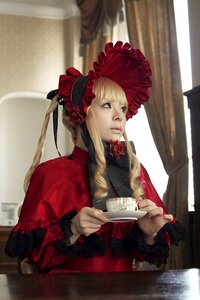Rating: Safe Score: 0 Tags: 1girl bangs blonde_hair blue_eyes bonnet bow cup curtains dress flower lips long_hair long_sleeves red_dress red_flower rose shinku solo teacup upper_body window User: admin