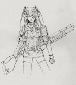 Rating: Safe Score: 0 Tags: 1girl barasuishou belt gloves greyscale gun image long_hair miniskirt monochrome sketch skirt smile solo thighhighs uniform weapon zettai_ryouiki User: admin