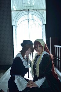 Rating: Safe Score: 0 Tags: 2girls bangs blonde_hair blue_eyes brown_hair curtains dress green_dress hat holding_hands indoors long_sleeves looking_at_viewer multiple_cosplay multiple_girls sitting tagme window User: admin
