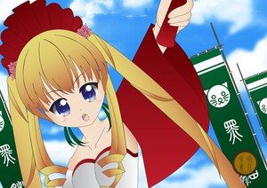 Rating: Safe Score: 0 Tags: 1girl bare_shoulders blonde_hair blue_eyes cloud dress flower hair_flower hair_ornament image long_hair open_mouth parody shinku sky solo strapless twintails User: admin