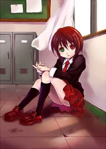 Rating: Safe Score: 0 Tags: 1girl black_legwear blazer green_eyes heterochromia image jacket kneehighs long_sleeves necktie plaid plaid_skirt red_eyes school_uniform shoes short_hair sitting skirt socks solo souseiseki User: admin