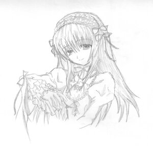 Rating: Safe Score: 0 Tags: 1girl closed_mouth dress frills greyscale hairband image long_hair long_sleeves looking_at_viewer monochrome ribbon simple_background smile solo suigintou traditional_media upper_body white_background User: admin