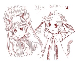 Rating: Safe Score: 0 Tags: 2girls :d animal_ears cat_ears image long_hair long_sleeves monochrome multiple_girls open_mouth shinku smile solo white_background User: admin