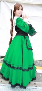 Rating: Safe Score: 0 Tags: 1girl bag brown_hair dress frills full_body green_dress long_hair long_sleeves looking_at_viewer red_eyes solo standing suiseiseki User: admin