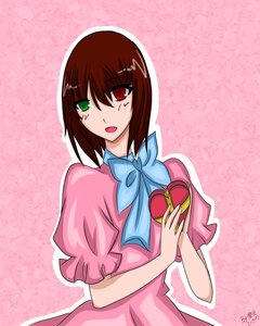 Rating: Safe Score: 0 Tags: 1girl blue_bow bow box brown_hair chocolate dress gift green_eyes heart heart-shaped_box heterochromia holding_gift image looking_at_viewer red_eyes short_hair smile solo souseiseki valentine User: admin
