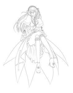 Rating: Safe Score: 0 Tags: 1girl auto_tagged dress frills greyscale image kneehighs long_hair monochrome shoes sitting solo striped suigintou User: admin