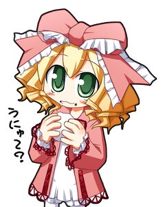 Rating: Safe Score: 0 Tags: 1girl :3 blonde_hair blush bow dress drill_hair eating food food_on_face frills green_eyes hair_bow hina_ichigo hinaichigo holding holding_food image long_sleeves looking_at_viewer pink_bow simple_background solo white_background User: admin