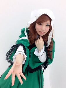 Rating: Safe Score: 0 Tags: 1girl brown_hair dress green_dress hands lips long_hair long_sleeves looking_at_viewer outstretched_arm outstretched_hand reaching_out smile solo suiseiseki User: admin