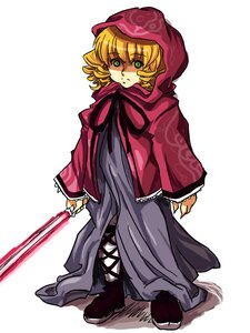 Rating: Safe Score: 0 Tags: 1girl blonde_hair cloak dress full_body green_eyes hinaichigo hood image long_sleeves looking_at_viewer short_hair solo standing weapon white_background User: admin