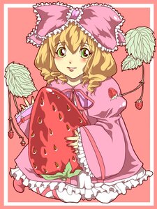 Rating: Safe Score: 0 Tags: 1girl blonde_hair blush bow dress food frills fruit green_eyes hina_ichigo hinaichigo holding_fruit image long_sleeves object_namesake pantyhose pink_background pink_bow short_hair solo strawberry User: admin