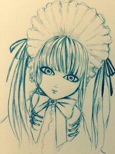 Rating: Safe Score: 0 Tags: 1girl bangs bonnet bow closed_mouth drill_hair earrings eyebrows_visible_through_hair image jewelry long_hair looking_at_viewer monochrome portrait ribbon shinku simple_background solo traditional_media upper_body User: admin