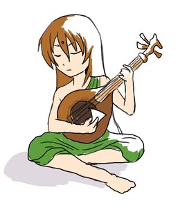 Rating: Safe Score: 0 Tags: 1girl bare_shoulders barefoot brown_hair closed_eyes dress full_body image instrument music playing_instrument simple_background sitting solo suiseiseki white_background User: admin