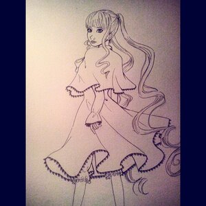 Rating: Safe Score: 0 Tags: 1girl black_border capelet dress image letterboxed long_hair long_sleeves looking_at_viewer looking_back monochrome ponytail shinku smile solo standing very_long_hair User: admin