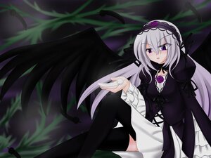Rating: Safe Score: 0 Tags: 1girl black_legwear black_wings dress feathers flower frills gothic_lolita hairband image lolita_fashion lolita_hairband long_hair long_sleeves purple_eyes purple_flower rose silver_hair solo suigintou thighhighs wings User: admin