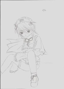 Rating: Safe Score: 0 Tags: 1girl auto_tagged capelet greyscale image looking_at_viewer monochrome puffy_sleeves ribbon short_hair sitting sketch solo suigintou User: admin