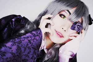 Rating: Safe Score: 0 Tags: 1girl bangs barasuishou eyepatch flower grey_hair looking_at_viewer purple_flower purple_kimono rose silver_hair smile solo yellow_eyes User: admin