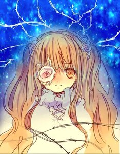 Rating: Safe Score: 0 Tags: 1girl blush dress flower hair_flower hair_ornament image kirakishou long_hair ribbon rose sky smile solo star_(sky) starry_sky white_rose User: admin