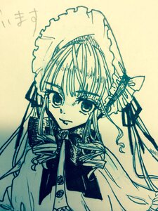 Rating: Safe Score: 0 Tags: 1girl bangs bonnet closed_mouth dress drill_hair eyebrows_visible_through_hair image long_hair long_sleeves looking_at_viewer monochrome shinku simple_background smile solo traditional_media twin_drills upper_body yellow_background User: admin