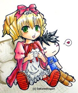 Rating: Safe Score: 0 Tags: 1boy 1girl apron blonde_hair bow chibi doll dress drill_hair green_eyes heart hina_ichigo hinaichigo image long_sleeves pink_bow ribbon sitting smile solo spoken_heart striped striped_legwear traditional_media User: admin