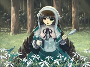 Rating: Safe Score: 0 Tags: 1girl bird brown_hair dress flower heterochromia image lily_(flower) long_hair long_sleeves nature outdoors red_eyes solo suiseiseki very_long_hair User: admin