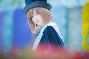 Rating: Safe Score: 0 Tags: 1girl bangs blonde_hair blue_eyes blue_headwear blurry blurry_background capelet closed_mouth hat lips looking_at_viewer short_hair solo souseiseki User: admin