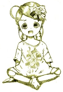Rating: Safe Score: 0 Tags: 1girl :d ahoge flower hair_ornament image kanaria monochrome open_mouth shirt sitting smile solo striped t-shirt User: admin