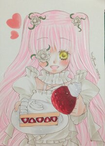 Rating: Safe Score: 0 Tags: 1girl cake dress eyepatch flower food frills fruit hair_flower hair_ornament heart image kirakishou long_hair marker_(medium) pink_hair rose smile solo strawberry striped traditional_media white_flower white_rose yellow_eyes User: admin