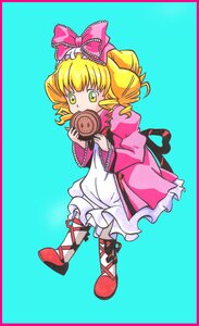 Rating: Safe Score: 0 Tags: 1girl blonde_hair blue_background bow dress eating food full_body green_eyes hair_bow hina_ichigo hinaichigo image long_sleeves pink_bow pink_dress short_hair solo User: admin