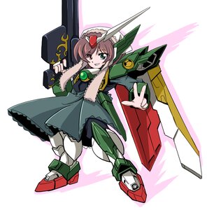 Rating: Safe Score: 0 Tags: 1girl armor brown_hair dress green_eyes grin image mecha mecha_musume short_hair smile solo suiseiseki weapon white_legwear User: admin