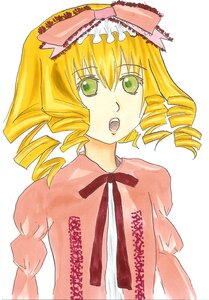 Rating: Safe Score: 0 Tags: 1girl :o blonde_hair bow drill_hair green_eyes hina_ichigo hinaichigo image looking_at_viewer open_mouth pink_bow simple_background solo upper_body white_background User: admin