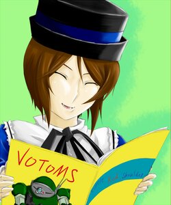 Rating: Safe Score: 0 Tags: 1girl book brown_hair closed_eyes frills green_background hat image ribbon short_hair smile solo souseiseki User: admin