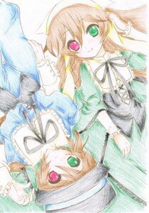 Rating: Safe Score: 0 Tags: 2girls black_ribbon blue_dress brown_hair collar dress frills green_dress green_eyes hat head_scarf heterochromia image long_hair long_sleeves looking_at_viewer multiple_girls pair red_eyes ribbon short_hair siblings sisters souseiseki suiseiseki twins watercolor_(medium) User: admin