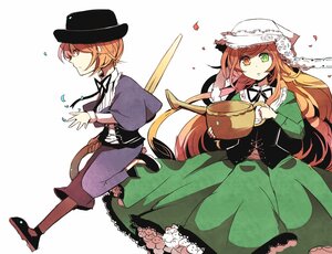 Rating: Safe Score: 0 Tags: 2girls brown_eyes brown_hair dress green_eyes hat heterochromia image long_hair multiple_girls musical_note orange_hair pair petals ribbon short_hair souseiseki suiseiseki User: admin