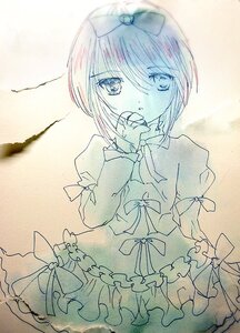 Rating: Safe Score: 0 Tags: 1girl bangs bow dress eyebrows_visible_through_hair frilled_dress frills hair_between_eyes hair_bow hariruri image juliet_sleeves long_sleeves looking_at_viewer monochrome puffy_sleeves short_hair solo souseiseki traditional_media User: admin