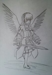 Rating: Safe Score: 0 Tags: 1girl bare_shoulders detached_sleeves full_body graphite_(medium) greyscale holding holding_weapon image long_hair monochrome solo standing suigintou sword thighhighs traditional_media weapon wings User: admin