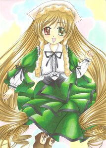 Rating: Safe Score: 0 Tags: 1girl :d blonde_hair blush brown_hair dress drill_hair frills green_dress green_eyes head_scarf heterochromia image long_hair long_sleeves looking_at_viewer marker_(medium) open_mouth red_eyes smile solo suiseiseki traditional_media twin_drills very_long_hair User: admin