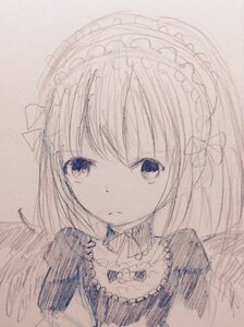 Rating: Safe Score: 0 Tags: 1girl bangs blue_eyes bow brown_background closed_mouth eyebrows_visible_through_hair frilled_hairband hair_between_eyes image long_hair looking_at_viewer maid_headdress simple_background solo suigintou traditional_media User: admin