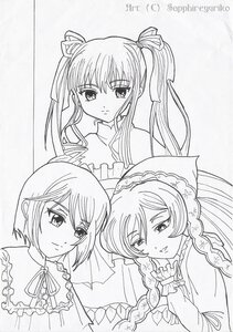 Rating: Safe Score: 0 Tags: 3girls blush bonnet dress frills image long_hair long_sleeves looking_at_viewer monochrome multiple multiple_girls ribbon shinku short_hair smile suiseiseki tagme twintails User: admin