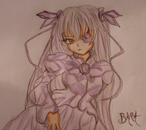 Rating: Safe Score: 0 Tags: 1girl barasuishou dress frown image long_hair long_sleeves photo puffy_sleeves solo traditional_media two_side_up User: admin