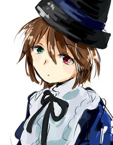 Rating: Safe Score: 0 Tags: 1girl black_ribbon brown_hair eyebrows_visible_through_hair green_eyes hat heterochromia image long_sleeves looking_at_viewer neck_ribbon red_eyes ribbon short_hair simple_background solo souseiseki white_background User: admin