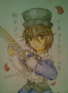 Rating: Safe Score: 0 Tags: 1girl brown_hair hat heterochromia holding image long_sleeves looking_at_viewer petals red_eyes scissors serious short_hair solo souseiseki suiseiseki traditional_media upper_body weapon User: admin