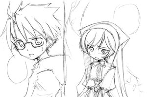 Rating: Safe Score: 0 Tags: 1boy 1girl blush dress glasses greyscale image long_hair long_sleeves looking_at_viewer monochrome rozen_maiden sakurada_jun sketch solo suiseiseki takami_ryou upper_body very_long_hair white_background User: admin