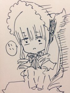 Rating: Safe Score: 0 Tags: !? 1girl chibi dress image long_hair long_sleeves maid maid_headdress monochrome photo shinku simple_background solo traditional_media User: admin