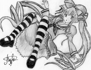 Rating: Safe Score: 0 Tags: 1girl bow full_body greyscale hair_bow hair_ribbon image long_hair long_sleeves mary_janes monochrome ribbon shinku shoes signature simple_background solo striped striped_legwear thighhighs traditional_media very_long_hair User: admin