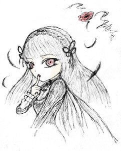 Rating: Safe Score: 0 Tags: 1girl bangs feathers finger_to_mouth hair_ornament image index_finger_raised long_hair looking_at_viewer monochrome red_eyes simple_background solo spot_color suigintou traditional_media upper_body white_background User: admin