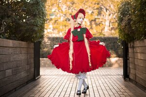 Rating: Safe Score: 0 Tags: 1girl apron blonde_hair bow dress fence frills outdoors pantyhose photo_background railing red_dress shinku shoes solo standing white_legwear User: admin