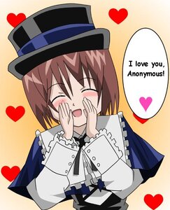 Rating: Safe Score: 0 Tags: 1girl ^_^ blush brown_hair closed_eyes hands_on_own_face hat heart image long_sleeves open_mouth short_hair smile solo souseiseki spoken_heart User: admin