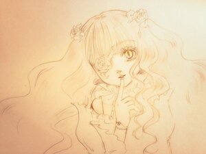 Rating: Safe Score: 0 Tags: 1girl bow dress eyepatch finger_to_mouth flower frills hair_flower hair_ornament image kirakishou long_hair monochrome rose shushing solo traditional_media wavy_hair User: admin