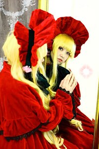 Rating: Safe Score: 0 Tags: 1girl bangs blonde_hair blue_eyes bonnet dress frills long_hair long_sleeves red_dress shinku solo twintails very_long_hair watermark User: admin